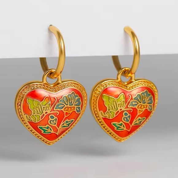 Vintage Ethnic Red Enamel 18K Gold Stainless Steel Gold Heart Earrings - Picture 3 of 8